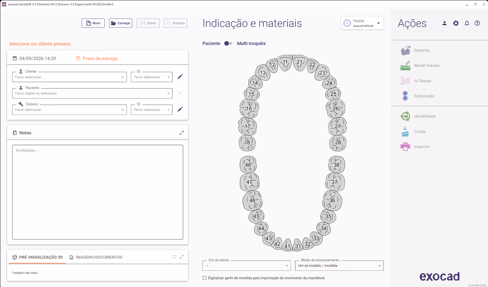 Tela de ordem de serviço do exocad DentalDB em português: à esquerda os campos de cliente, paciente, técnico e notas; ao centro o diagrama de arcada com a numeração FDI e as opções de cor do dente e modo de escaneamento; à direita o painel Ações, com Desenho, Model Creator, AI Design e Fabricação.