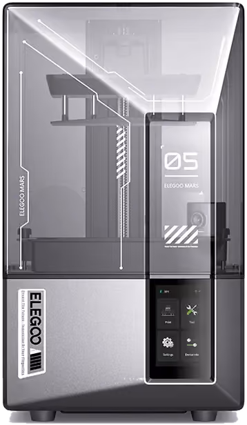 Impressora 3D de resina Elegoo Mars, de corpo vertical com tampa transparente e tela sensível ao toque na frente.