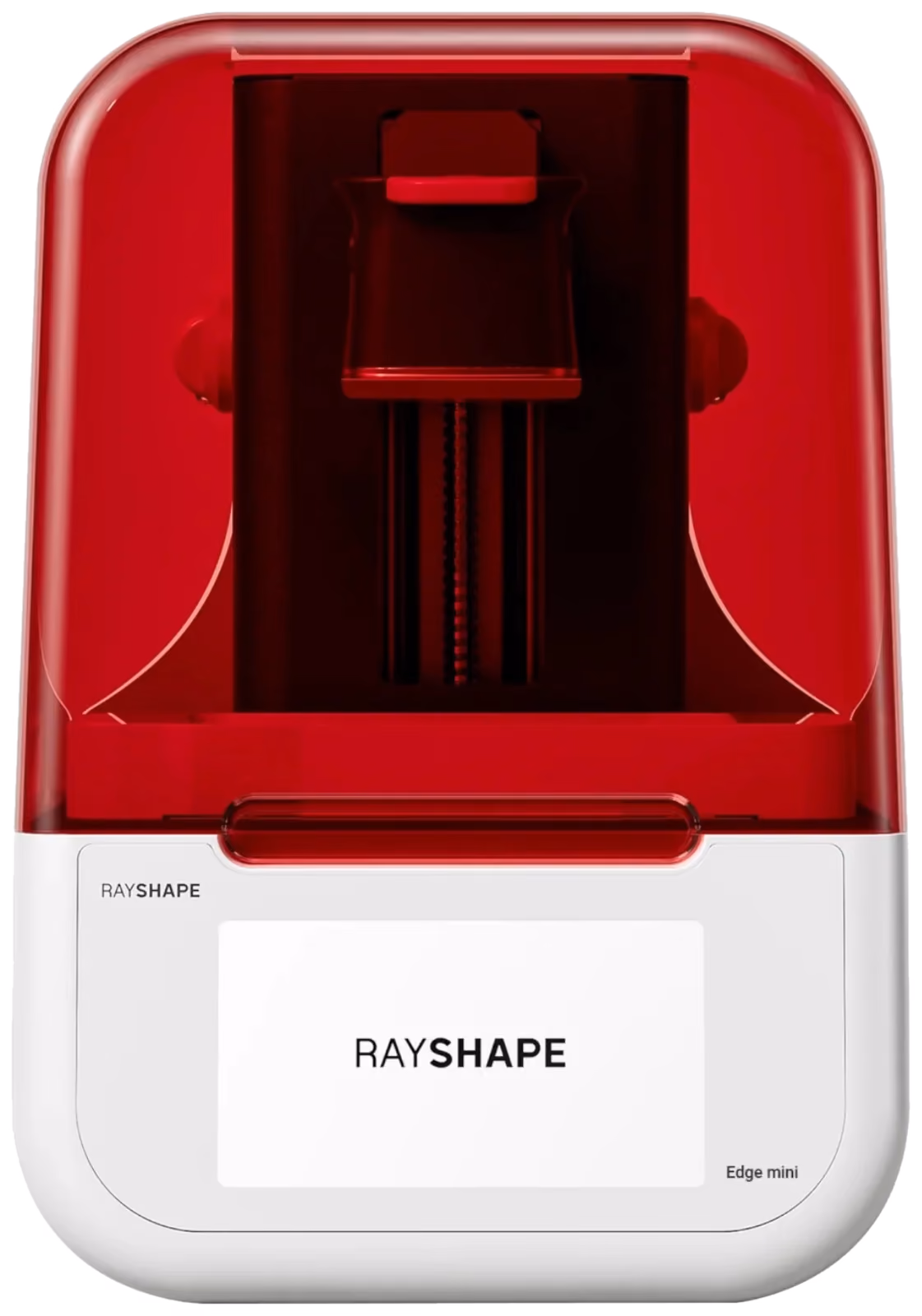 Impressora 3D de resina Rayshape Edge mini, com tampa vermelha translúcida sobre base branca e tela frontal.