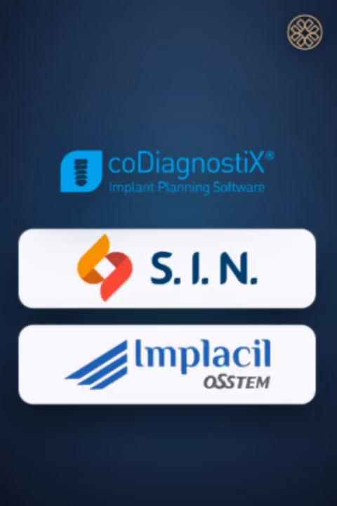 Capa do módulo de bibliotecas, com os logotipos do coDiagnostiX, da S.I.N. e da Implacil Osstem.