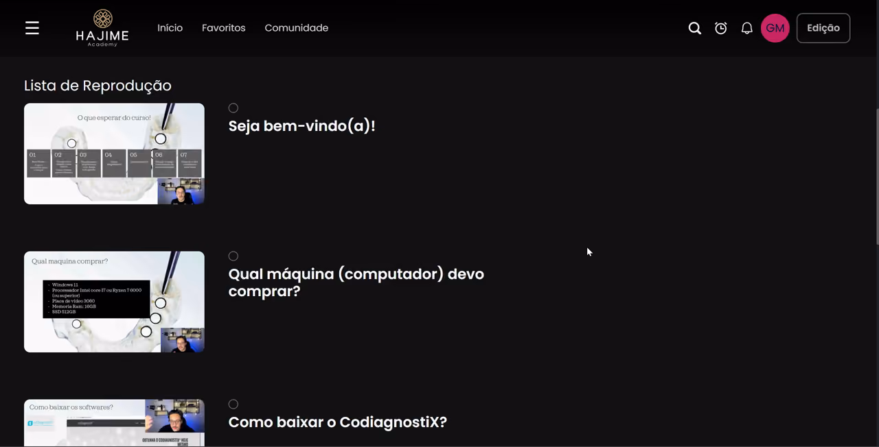 Lista de reprodução da trilha de coDiagnostiX dentro do aplicativo da Hajime, com as aulas de boas-vindas, qual máquina comprar e como baixar o software.