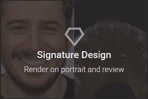 Cartão Signature Design na tela inicial do Smilecloud, com o rosto sorrindo de um lado e um modelo digital de arcada do outro.
