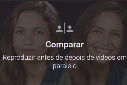 Cartão Comparar na tela inicial do Smilecloud, com o mesmo rosto duas vezes, sério de um lado e sorrindo do outro.